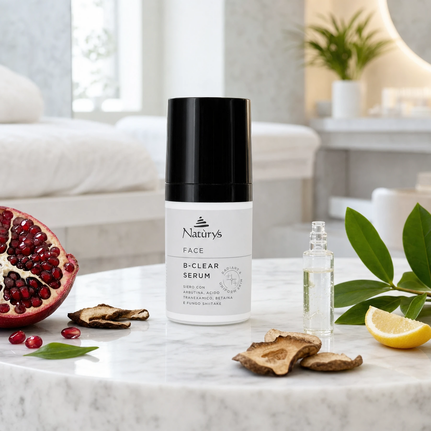 Naturys Face B-Clear Serum 30ml on a white marble spa surface with pomegranate half, dried shiitake mushroom slices, a clear serum vial, lemon wedge, and fresh green leaves in a bright airy luxury spa treatment room