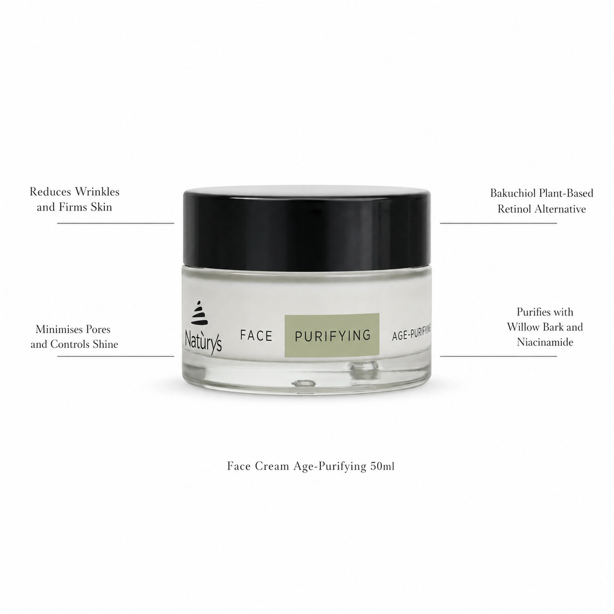 Naturys Face Cream Age-Purifying 50ml on white background with benefit callouts: Reduces Wrinkles and Firms Skin, Minimises Pores and Controls Shine, Bakuchiol Plant-Based Retinol Alternative, Purifies with Willow Bark and Niacinamide
