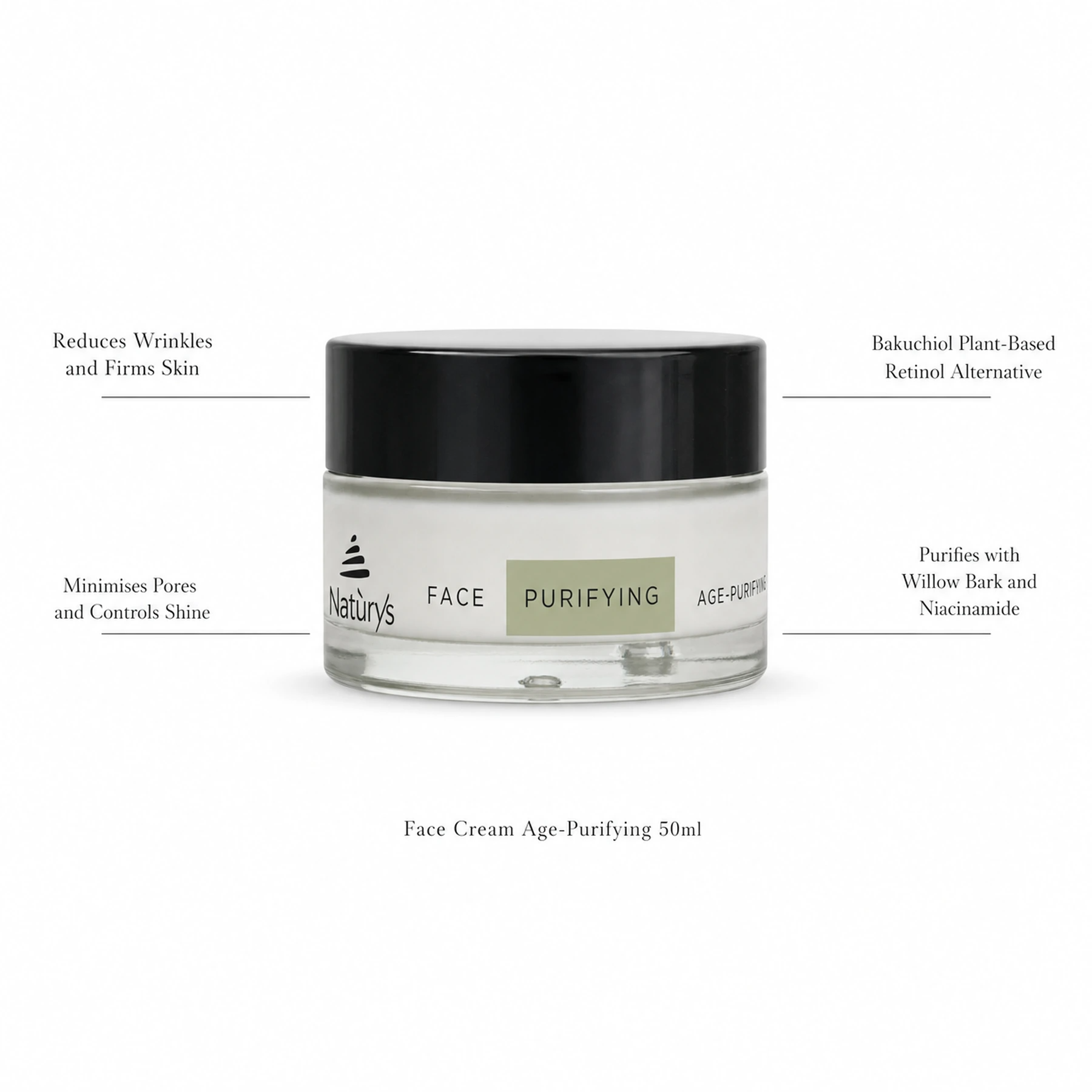 Naturys Face Cream Age-Purifying 50ml on white background with benefit callouts: Reduces Wrinkles and Firms Skin, Minimises Pores and Controls Shine, Bakuchiol Plant-Based Retinol Alternative, Purifies with Willow Bark and Niacinamide