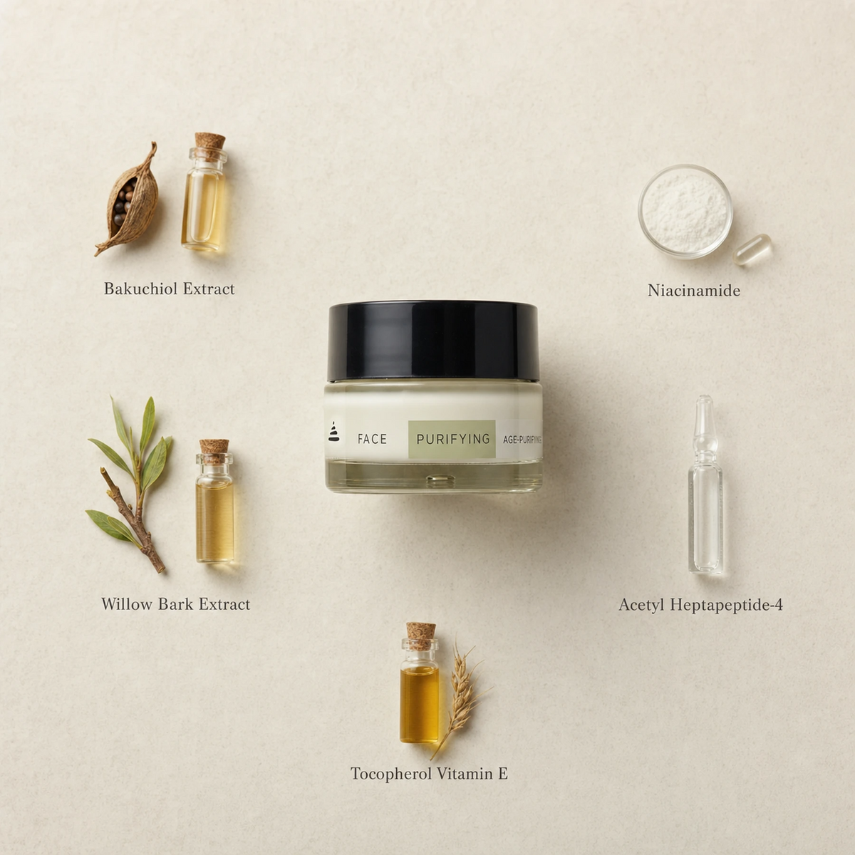 Naturys Face Cream Age-Purifying 50ml surrounded by labelled key ingredients including Bakuchiol Extract, Niacinamide, Willow Bark Extract, Acetyl Heptapeptide-4 and Tocopherol Vitamin E on a warm cream stone surface
