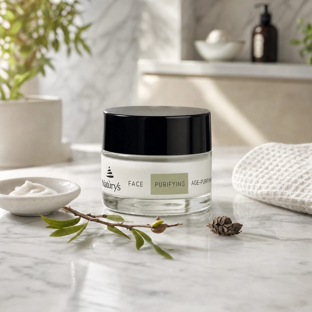 Naturys Face Cream Age-Purifying 50ml glass jar on a white Carrara marble vanity with ceramic cream dish, willow bark twig, psoralea seed pod and white waffle linen cloth in a luxury spa bathroom with soft natural light and green botanical foliage