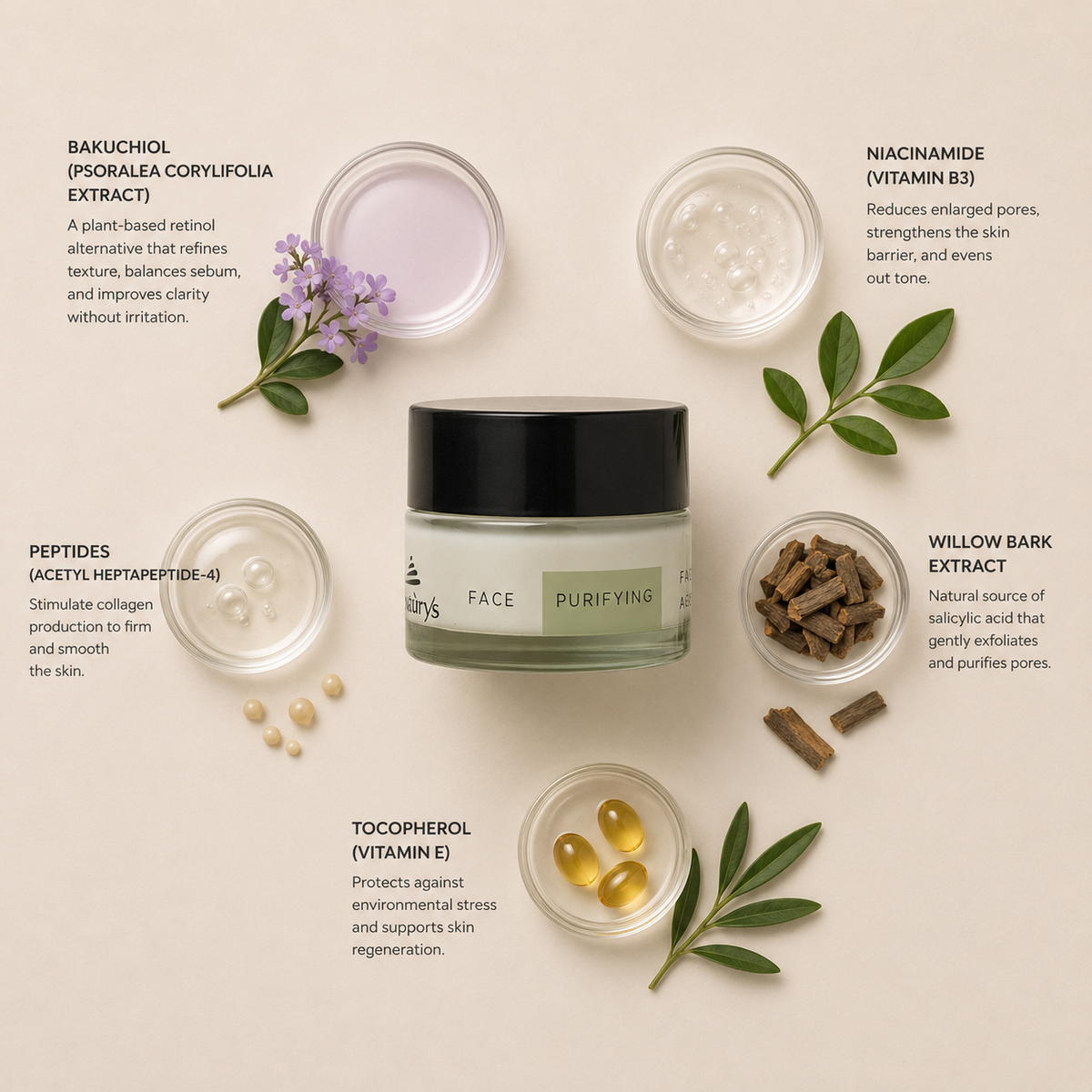“Minimal NATURYS Face Cream Age Purifying ingredient flatlay featuring bakuchiol (psoralea corylifolia extract), niacinamide (vitamin B3), peptides (acetyl heptapeptide-4), willow bark extract, and tocopherol (vitamin E) arranged elegantly around the product with refined botanical spa styling on a soft neutral background