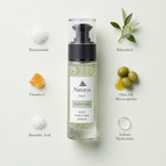 Naturys Deep Purifying Serum 30ml ingredient flatlay on cool pale sage surface with labelled ingredients: Niacinamide, Bakuchiol, Vitamin C, Olive Oil Microcapsules, Mandelic Acid, and Sodium Hyaluronate