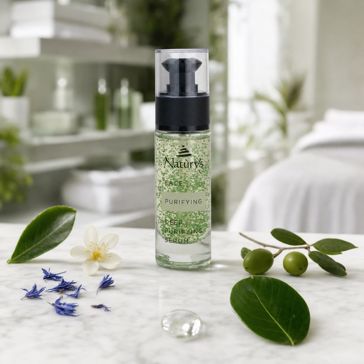 Naturys Deep Purifying Serum 30ml on a cool white marble spa surface with a camellia leaf, dried blue cornflower petals, a white orange blossom flower, a green olive branch with olives, green tea leaves, and a clear crystal droplet in a bright airy luxury spa treatment room