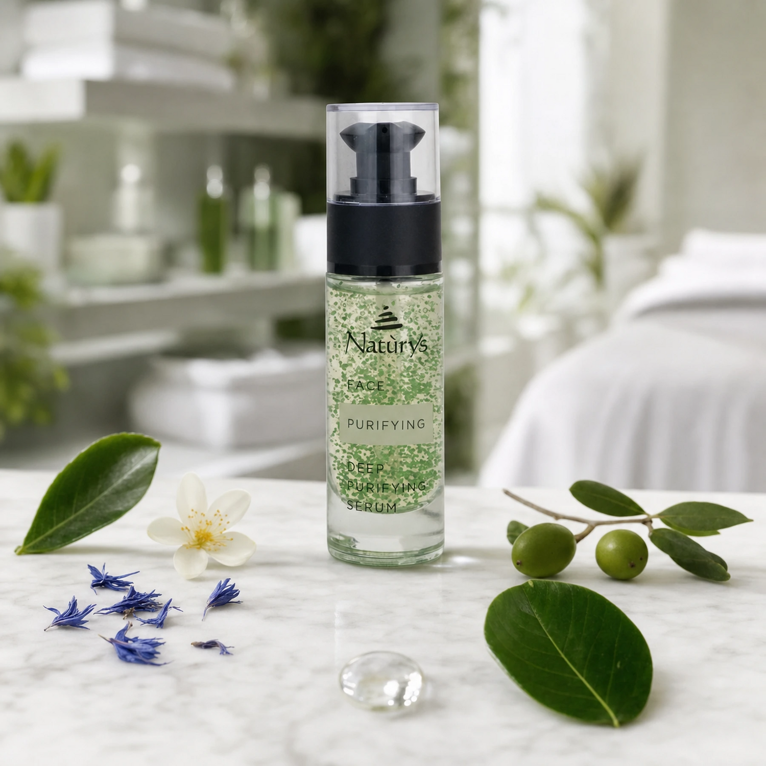 Naturys Deep Purifying Serum 30ml on a cool white marble spa surface with a camellia leaf, dried blue cornflower petals, a white orange blossom flower, a green olive branch with olives, green tea leaves, and a clear crystal droplet in a bright airy luxury spa treatment room