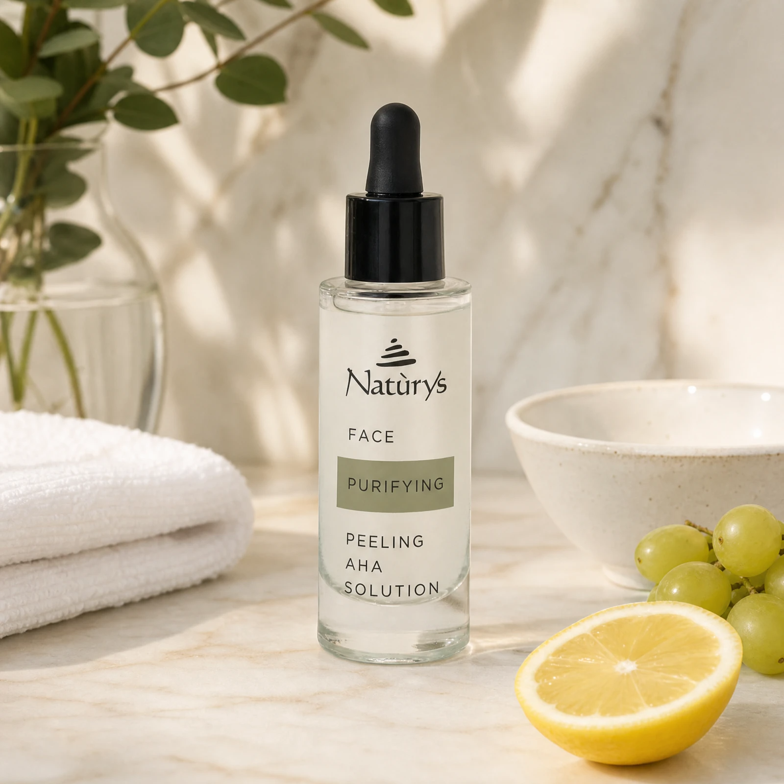 Naturys Face Purifying Peeling AHA Solution 30ml premium clear glass dropper bottle styled on a marble vanity with white towels and greenery for Beauty Collective consumer retail.
