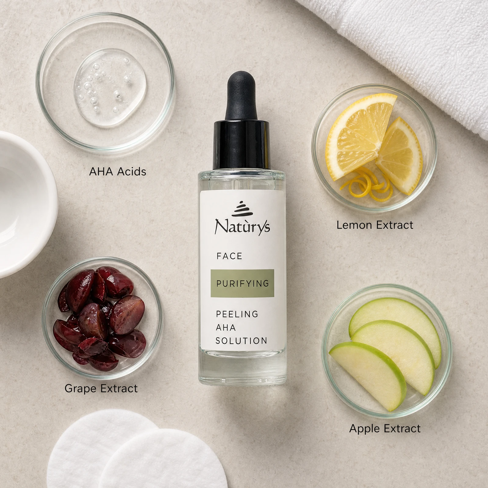 Naturys Face Purifying Peeling AHA Solution 30ml ingredient flatlay with AHA acids, lemon extract, grape extract, and apple extract in clean glass petri dishes.