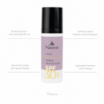 Naturys Face Urban Protection Cream SPF 30 50ml on white background with four benefit callouts: Broad Spectrum UVA and UVB SPF 30, Defends Against Pollution and Free Radicals, Mineral Zinc Oxide and Titanium Dioxide, Lightweight Hydration Under Makeup
