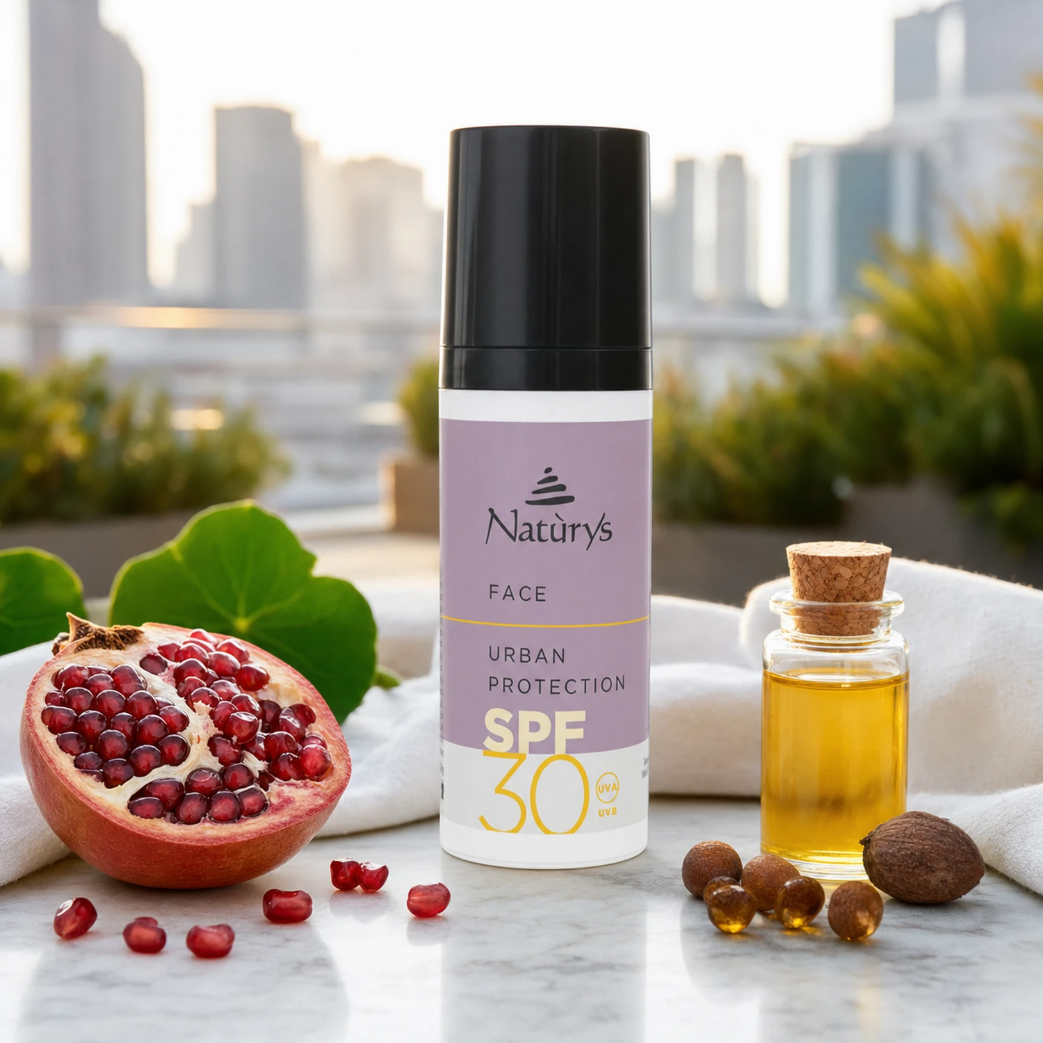 Naturys Face Urban Protection Cream SPF 30 50ml on a white marble outdoor terrace with a pomegranate half, jojoba beads, shea nut, nasturtium leaves, a vial of golden jojoba oil, and a white linen cloth with a soft city skyline in the background