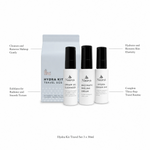 Naturys Hydra Kit Travel Set three 30ml bottles and travel pouch on white background with benefit callouts: Cleanses and Removes Makeup Gently, Exfoliates for Radiance and Smooth Texture, Hydrates and Restores Skin Elasticity, Complete Three-Step Travel Routine