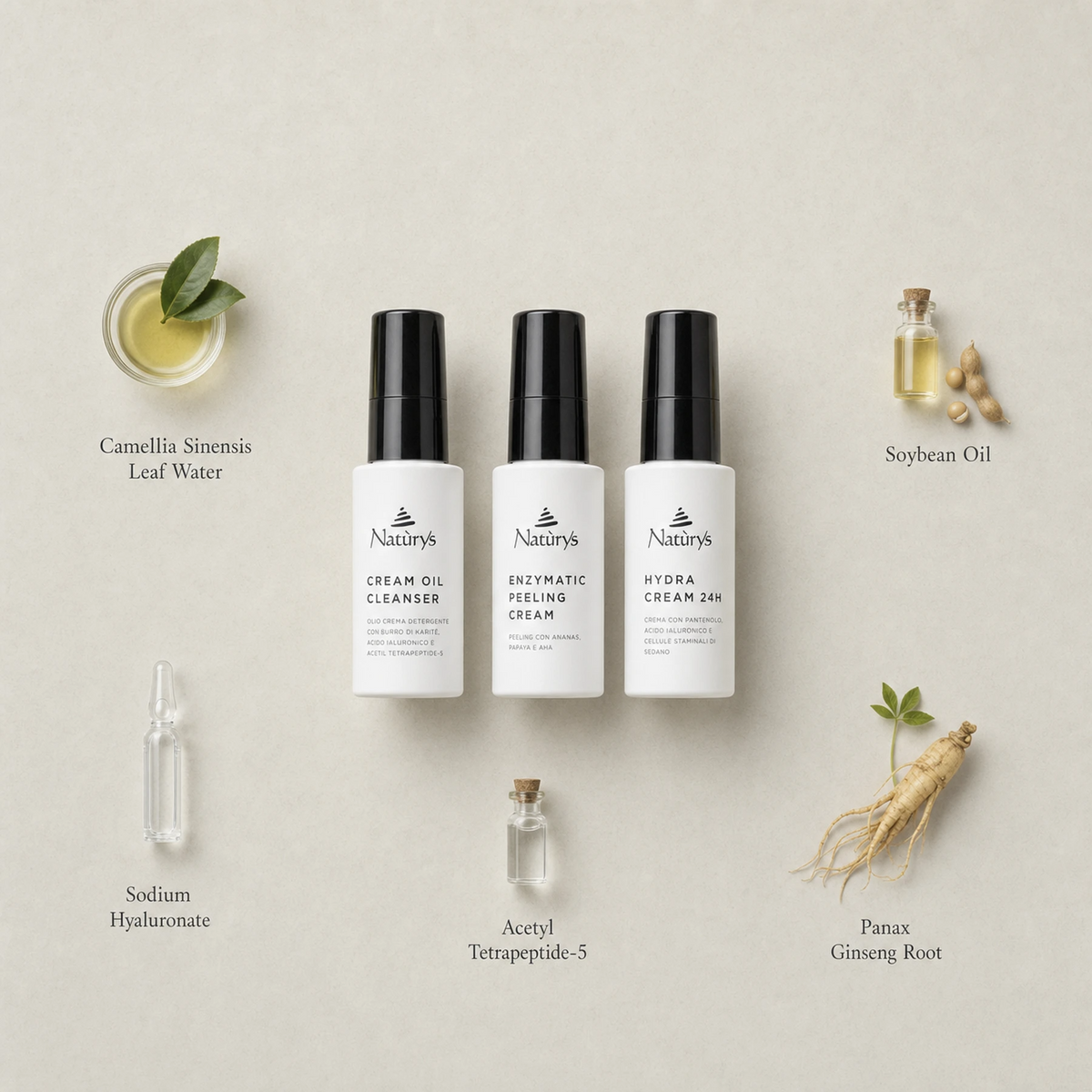Naturys Hydra Kit Travel Set three 30ml bottles surrounded by labelled key ingredients including Camellia Sinensis Leaf Water, Soybean Oil, Sodium Hyaluronate, Acetyl Tetrapeptide-5 and Panax Ginseng Root on a warm stone surface