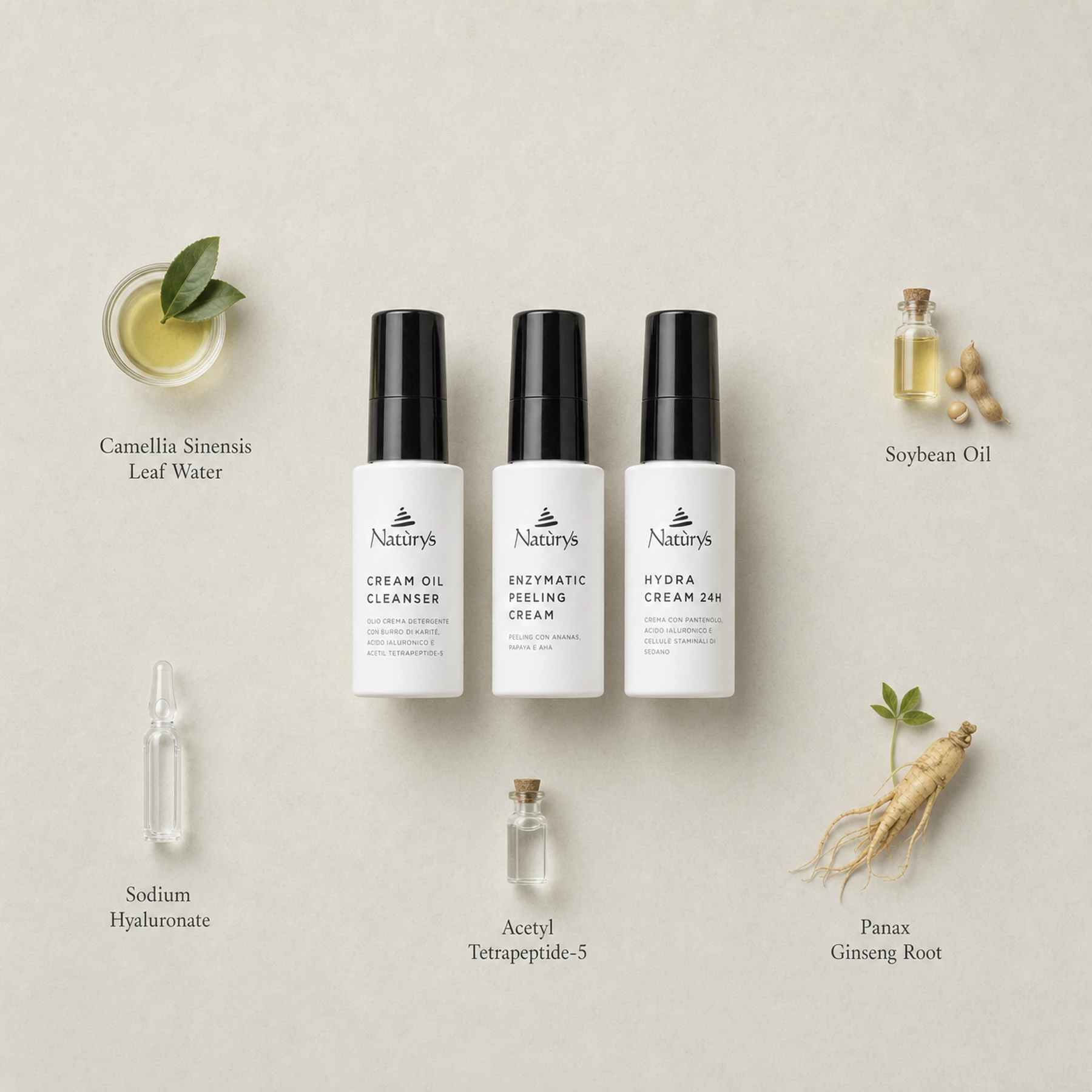 Naturys Hydra Kit Travel Set three 30ml bottles surrounded by labelled key ingredients including Camellia Sinensis Leaf Water, Soybean Oil, Sodium Hyaluronate, Acetyl Tetrapeptide-5 and Panax Ginseng Root on a warm stone surface