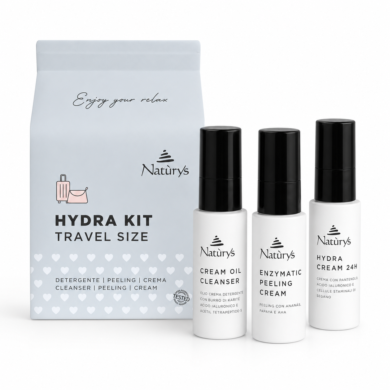 Naturys Hydra Kit Travel Set 3 x 30ml skincare travel kit with cleanser, enzymatic peeling cream and Hydra Cream 24H