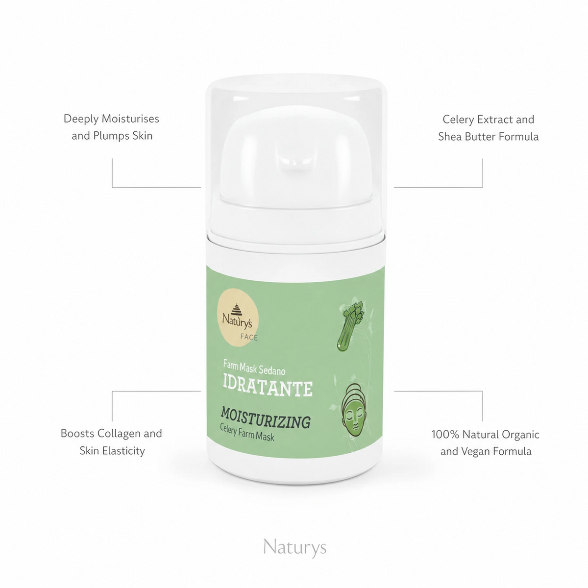 Naturys Moisturising Celery Farm Mask 50ml on white background with four benefit callouts: Deeply Moisturises and Plumps Skin, Celery Extract and Shea Butter Formula, Boosts Collagen and Skin Elasticity, 100% Natural Organic and Vegan Formula