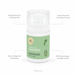 Naturys Moisturising Celery Farm Mask 50ml on white background with four benefit callouts: Deeply Moisturises and Plumps Skin, Celery Extract and Shea Butter Formula, Boosts Collagen and Skin Elasticity, 100% Natural Organic and Vegan Formula