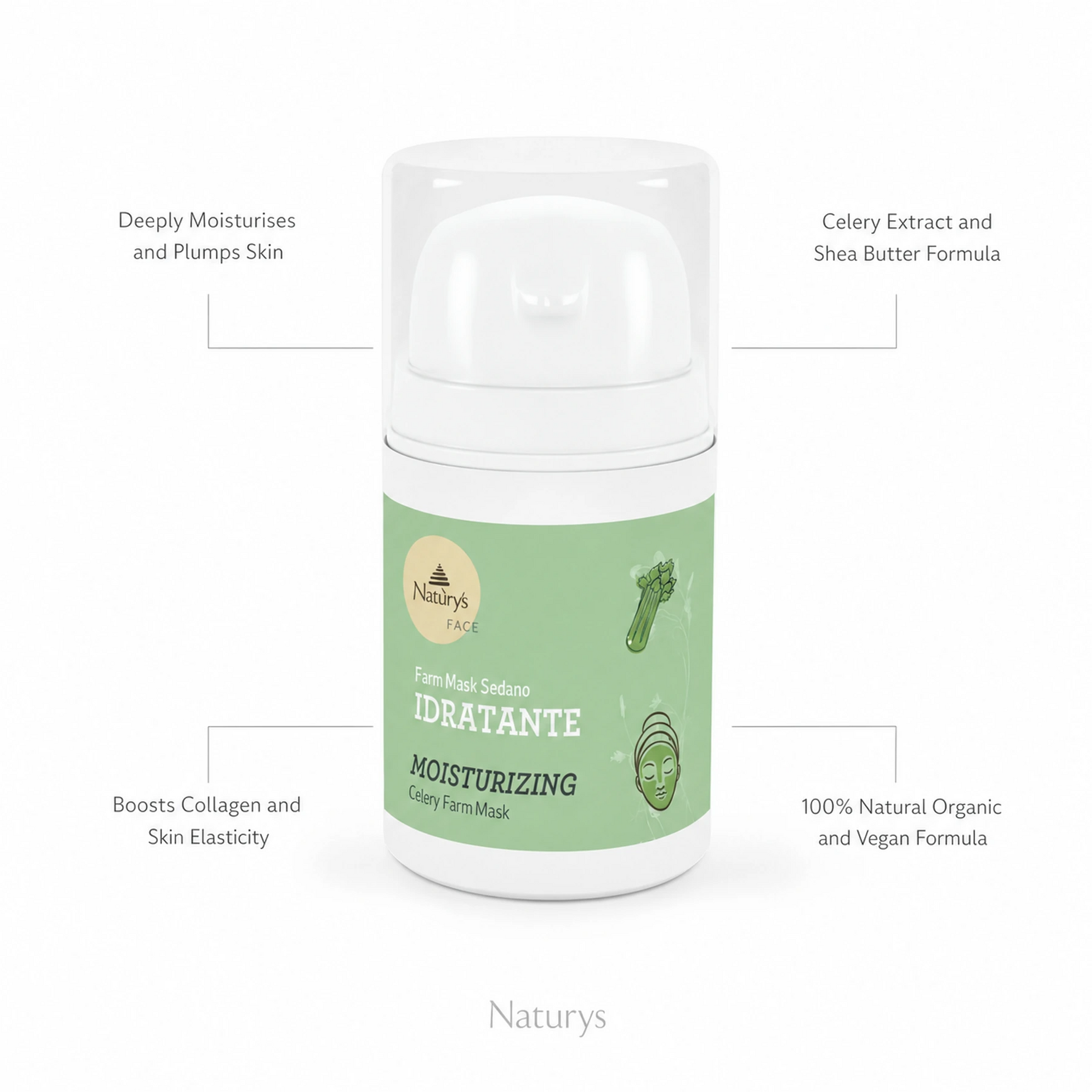 Naturys Moisturising Celery Farm Mask 50ml on white background with four benefit callouts: Deeply Moisturises and Plumps Skin, Celery Extract and Shea Butter Formula, Boosts Collagen and Skin Elasticity, 100% Natural Organic and Vegan Formula
