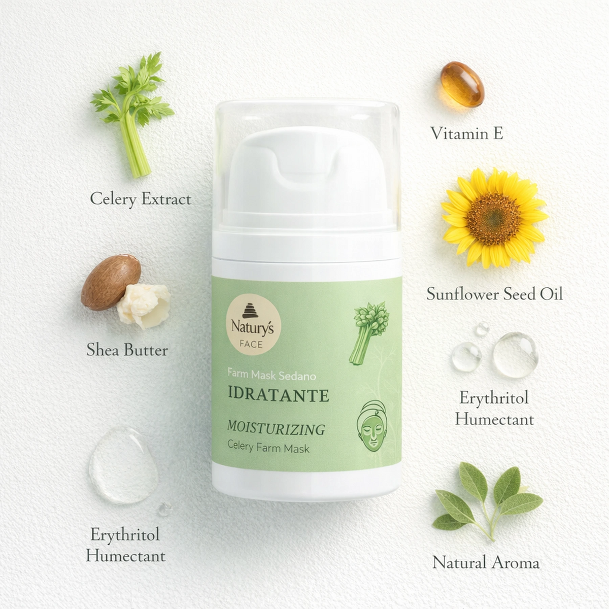 Naturys Moisturising Celery Farm Mask 50ml ingredient flatlay on pale white surface with labelled ingredients: Celery Extract, Shea Butter, Vitamin E, Sunflower Seed Oil, Erythritol Humectant, and Natural Aroma