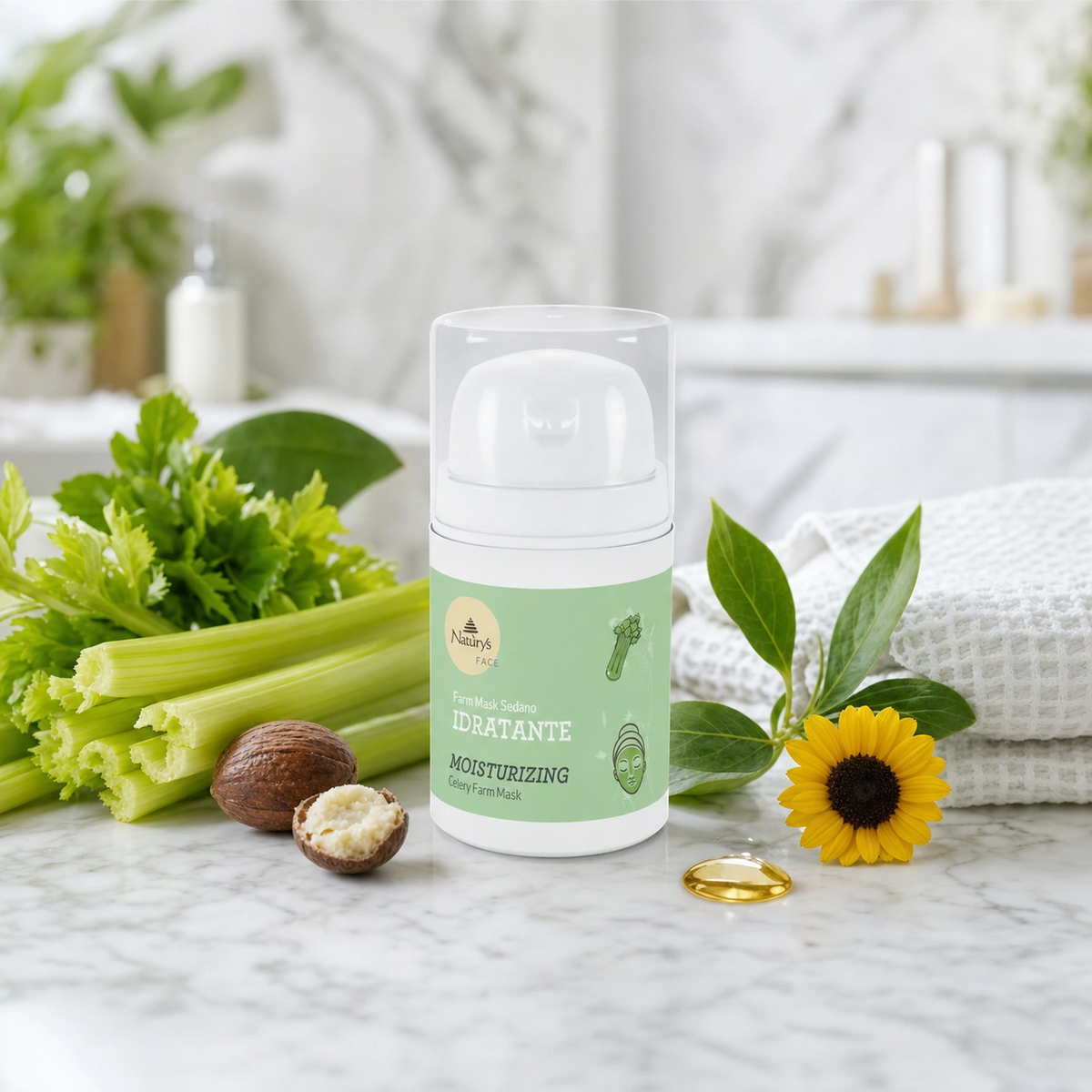 Naturys Moisturising Celery Farm Mask 50ml on a cool white marble spa surface with fresh celery stalks and leaves, a shea nut, a sunflower, a golden vitamin E oil droplet, green leaves, and a folded white waffle spa cloth in a bright airy luxury spa treatment room