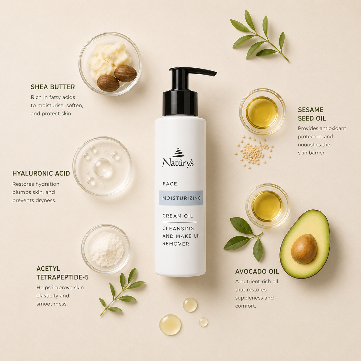 “Minimal NATURYS Moisturising Cream Oil Cleansing and Makeup Remover ingredient flatlay featuring shea butter, hyaluronic acid, acetyl tetrapeptide-5, sesame seed oil, and avocado oil arranged elegantly around the product with refined botanical spa styling on a soft neutral background
