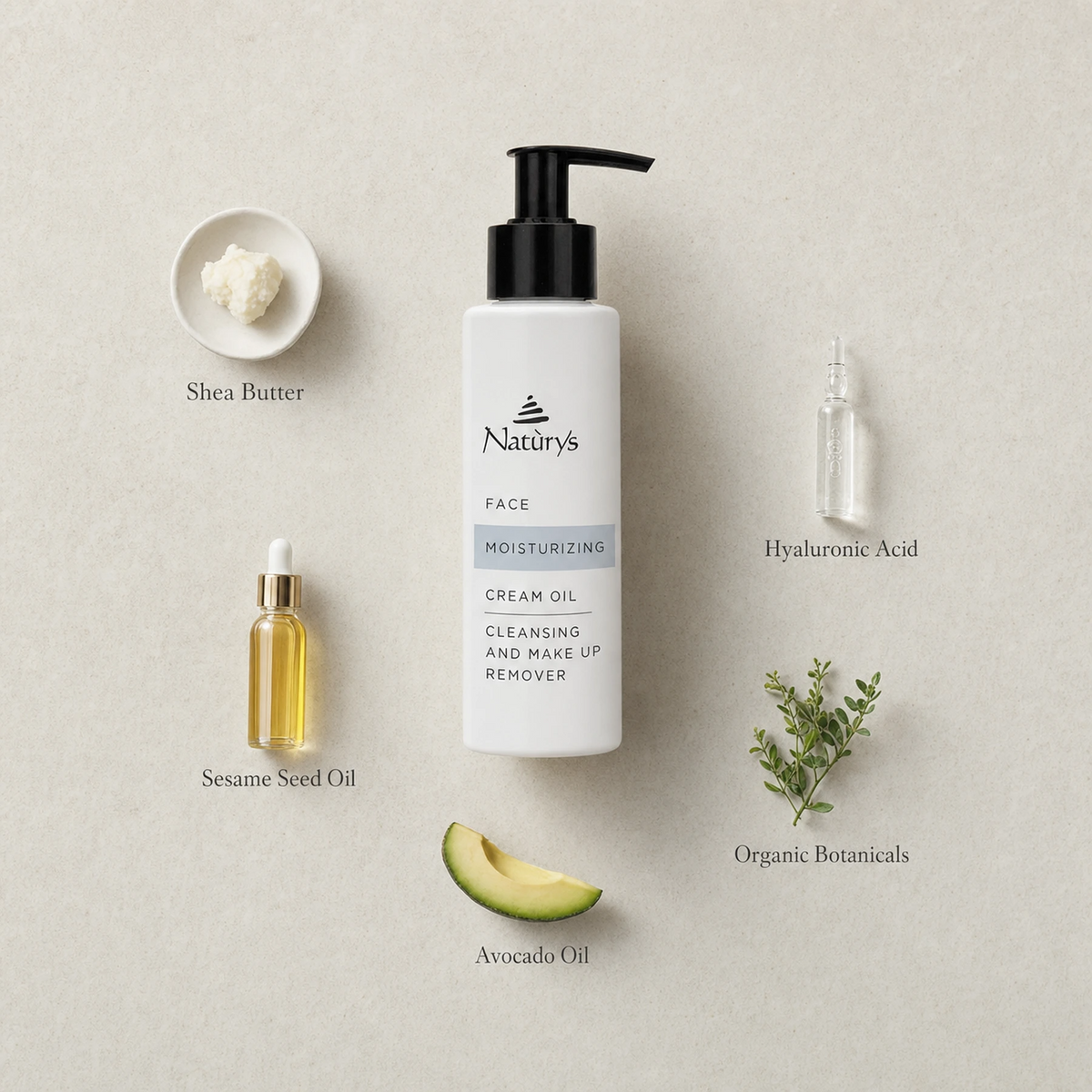  Naturys Moisturising Cream Oil Cleansing and Makeup Remover 150ml surrounded by key organic ingredients including shea butter, sesame seed oil, avocado, hyaluronic acid serum, and botanical leaves on a warm stone surface