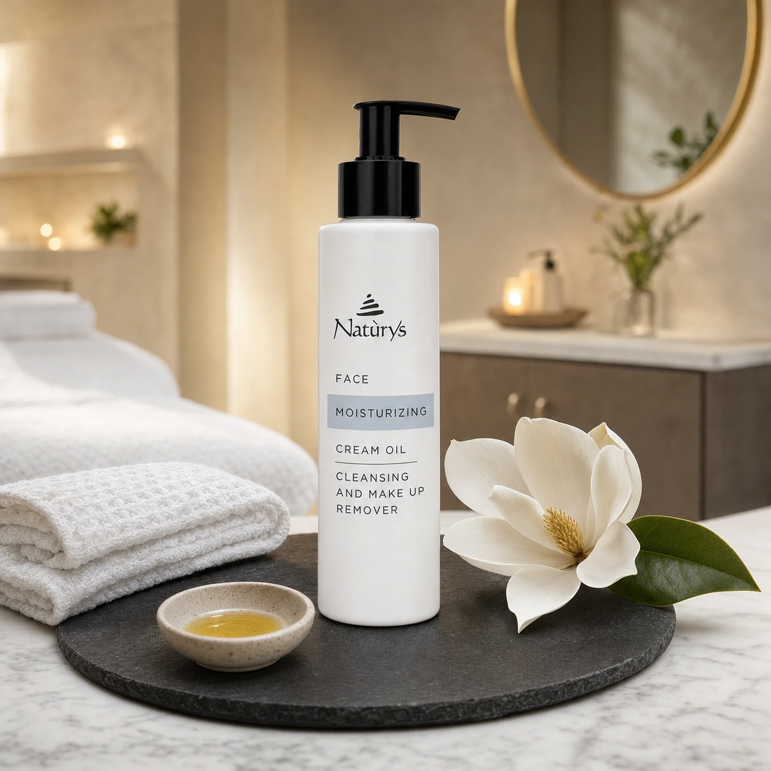 Naturys Moisturising Cream Oil Cleansing and Makeup Remover 150ml displayed on a dark slate spa tray with a white waffle towel, ceramic oil dish, and fresh magnolia bloom in a luxury salon treatment room setting