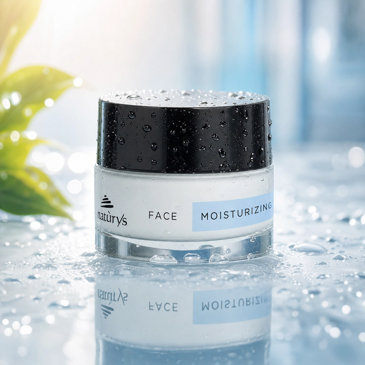 NATURYS Moisturising Hydra Cream 24H - 50ml jar with water droplets on a blurred background