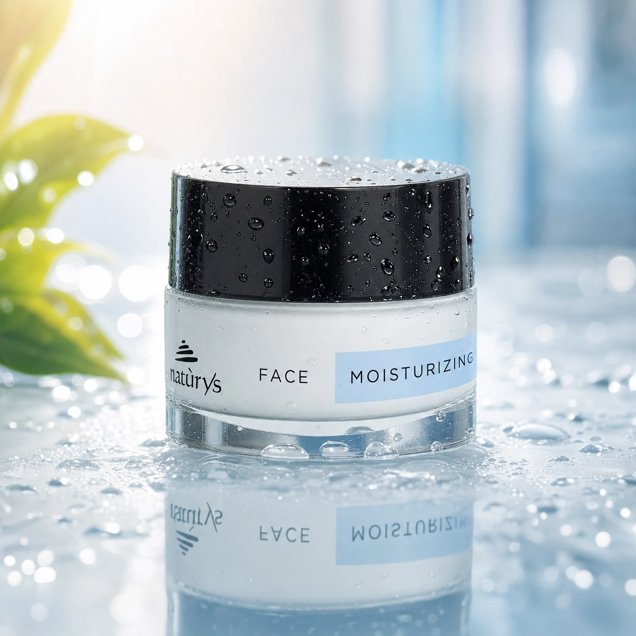 Moisturizing face cream jar with water droplets on a blurred background