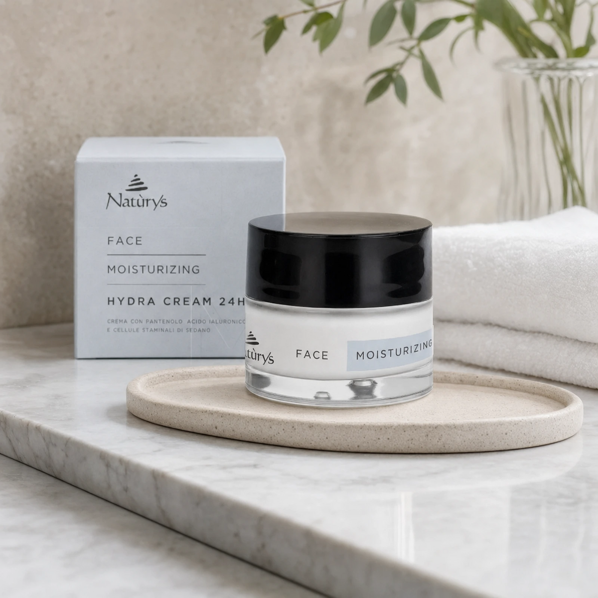 Naturys Moisturising Hydra Cream 24H 50ml displayed in a premium bathroom vanity setting for dry and dehydrated skin.