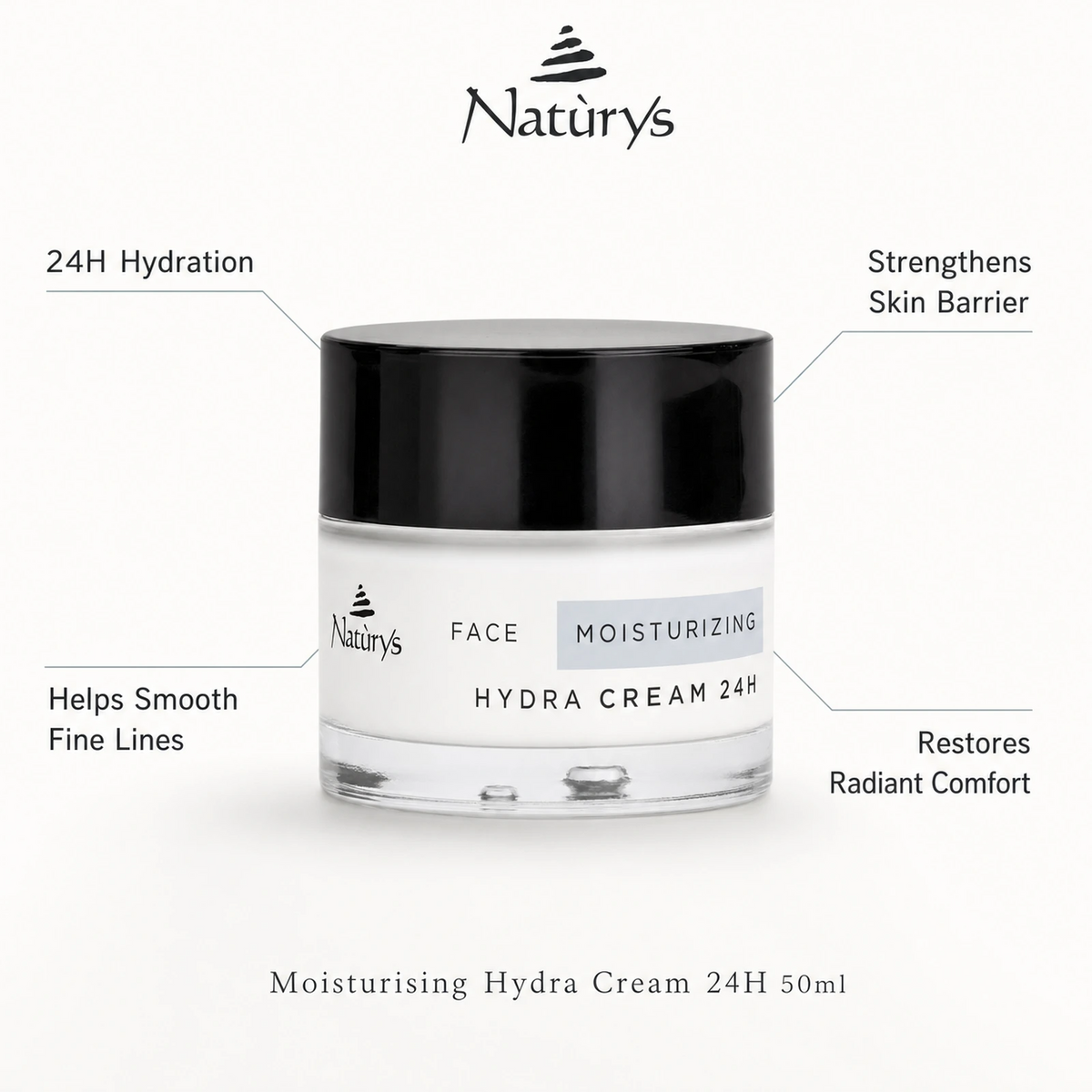 Naturys Moisturising Hydra Cream 24H 50ml with benefit callouts for 24H hydration, fine lines, skin barrier support, and radiant comfort.