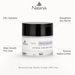 Naturys Moisturising Hydra Cream 24H 50ml with benefit callouts for 24H hydration, fine lines, skin barrier support, and radiant comfort.