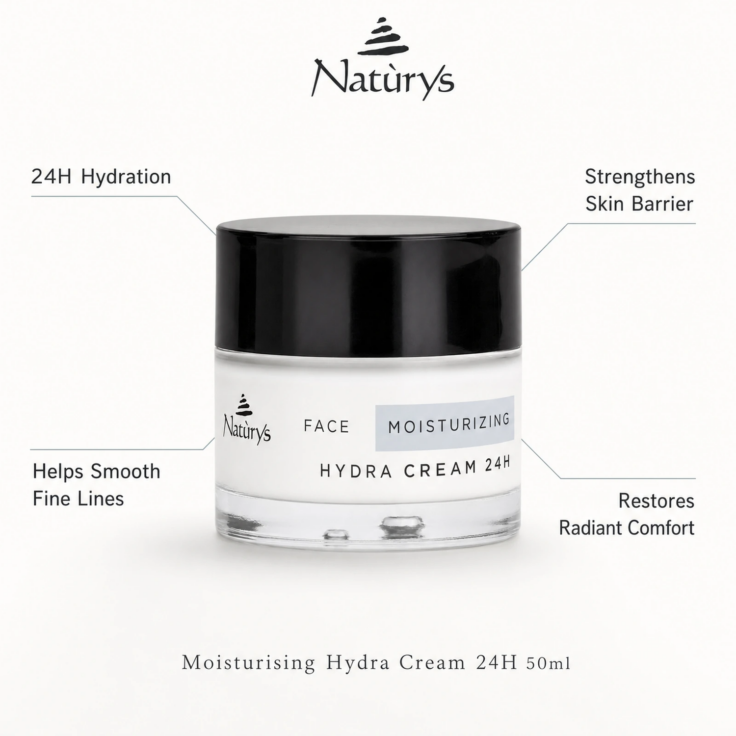 Naturys Moisturising Hydra Cream 24H 50ml with benefit callouts for 24H hydration, fine lines, skin barrier support, and radiant comfort.