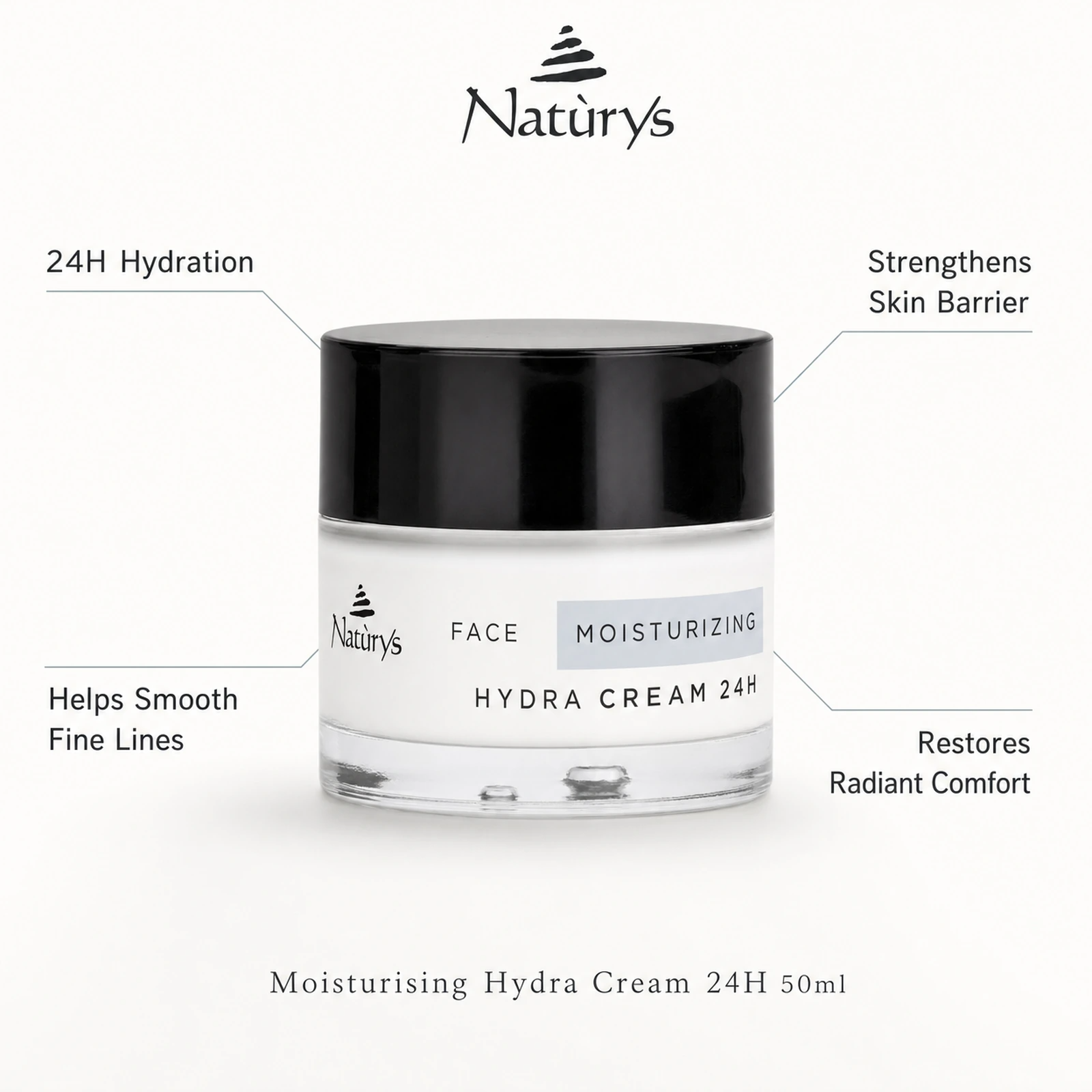 Naturys Moisturising Hydra Cream 24H 50ml with benefit callouts for 24H hydration, fine lines, skin barrier support, and radiant comfort.