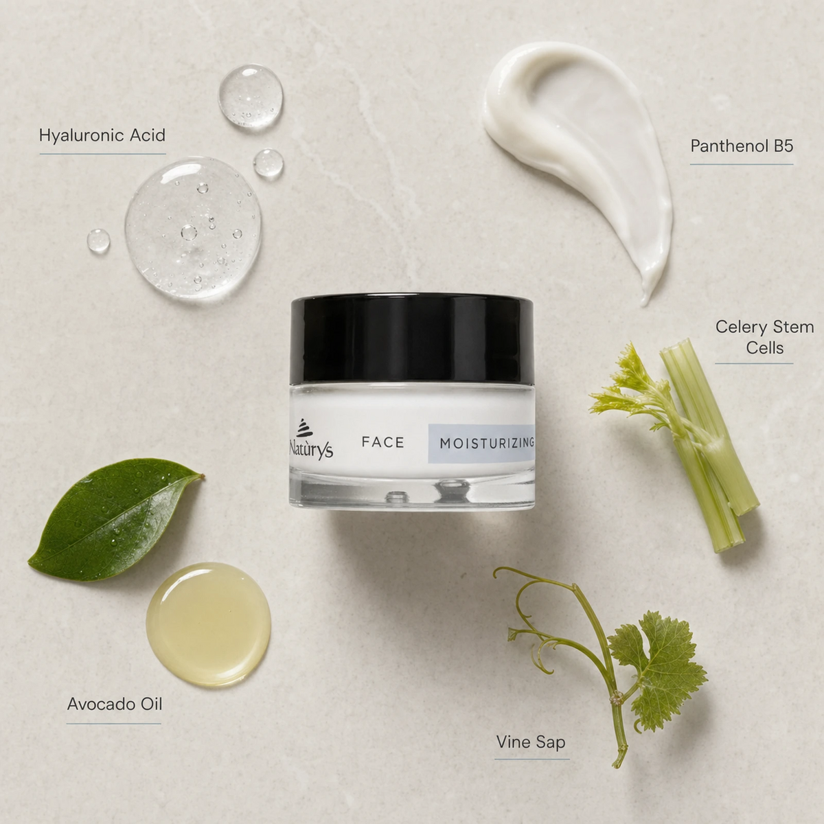 Naturys Moisturising Hydra Cream 24H 50ml ingredient flatlay featuring hyaluronic acid, panthenol B5, celery stem cells, avocado oil, and vine sap.