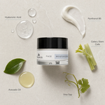 Naturys Moisturising Hydra Cream 24H 50ml ingredient flatlay featuring hyaluronic acid, panthenol B5, celery stem cells, avocado oil, and vine sap.