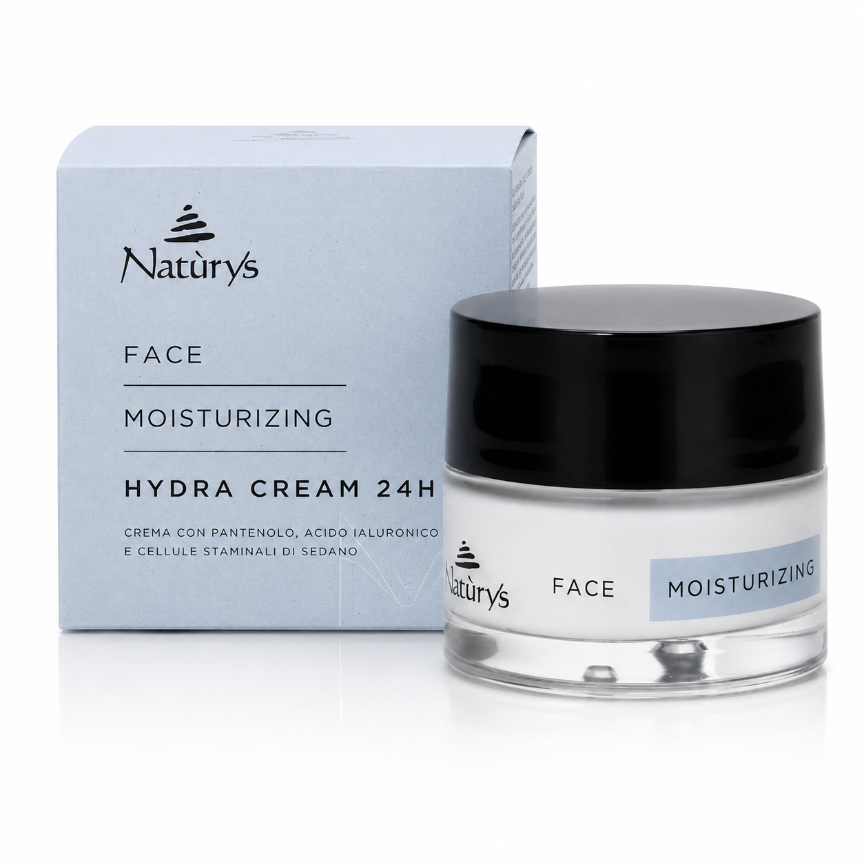 Naturys Moisturising Hydra Cream 24H 50ml jar with retail box on a clean white studio background.
