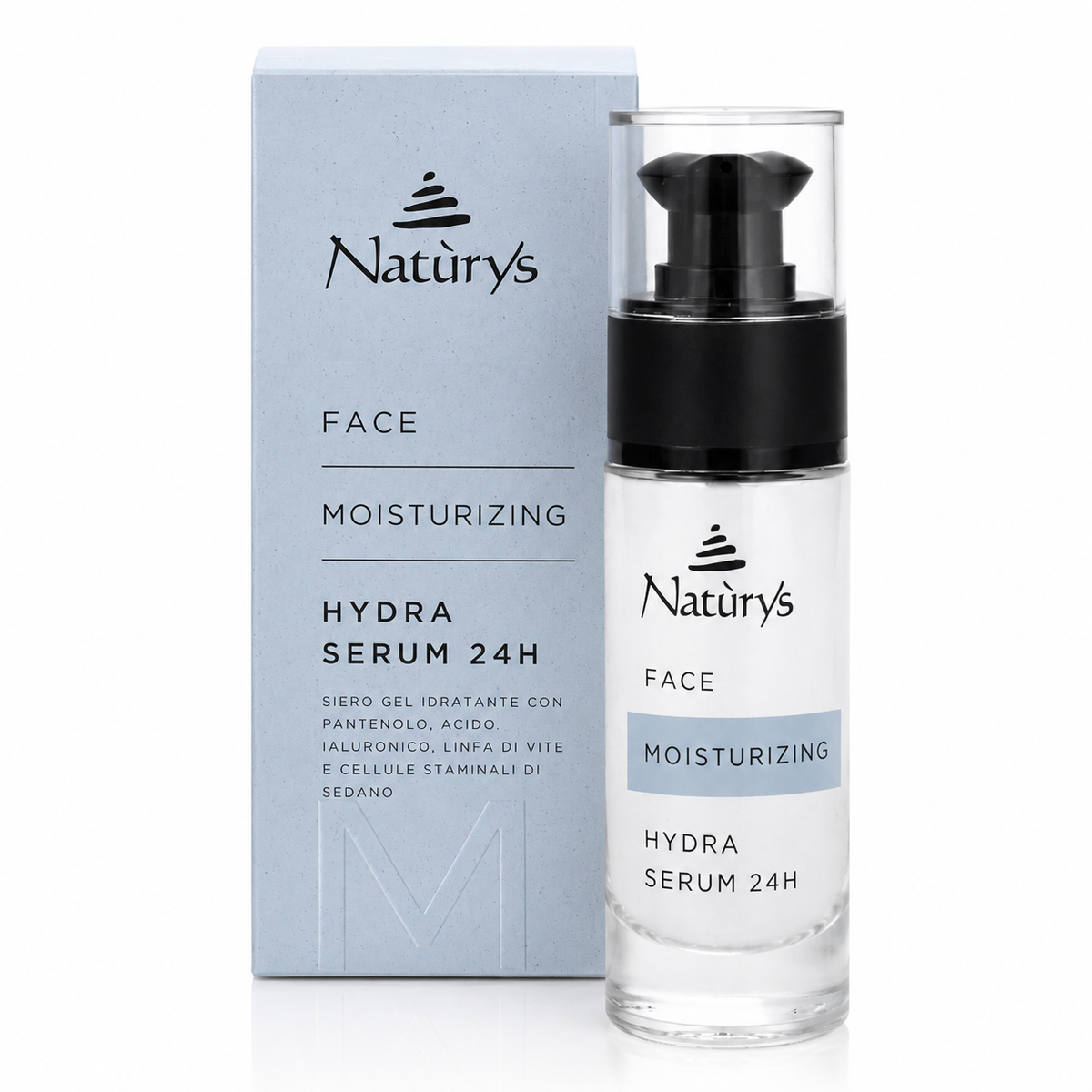 Naturys Moisturising Hydra Serum 24H 30ml bottle with retail box on a clean white studio background.
