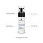 Naturys Moisturising Hydra Serum 24H 30ml on white background with benefit callouts: Deep 24-Hour Hydration, Plumps Skin and Smooths Fine Lines, Restores Radiance and Healthy Glow, Lightweight Serum for All Skin Types