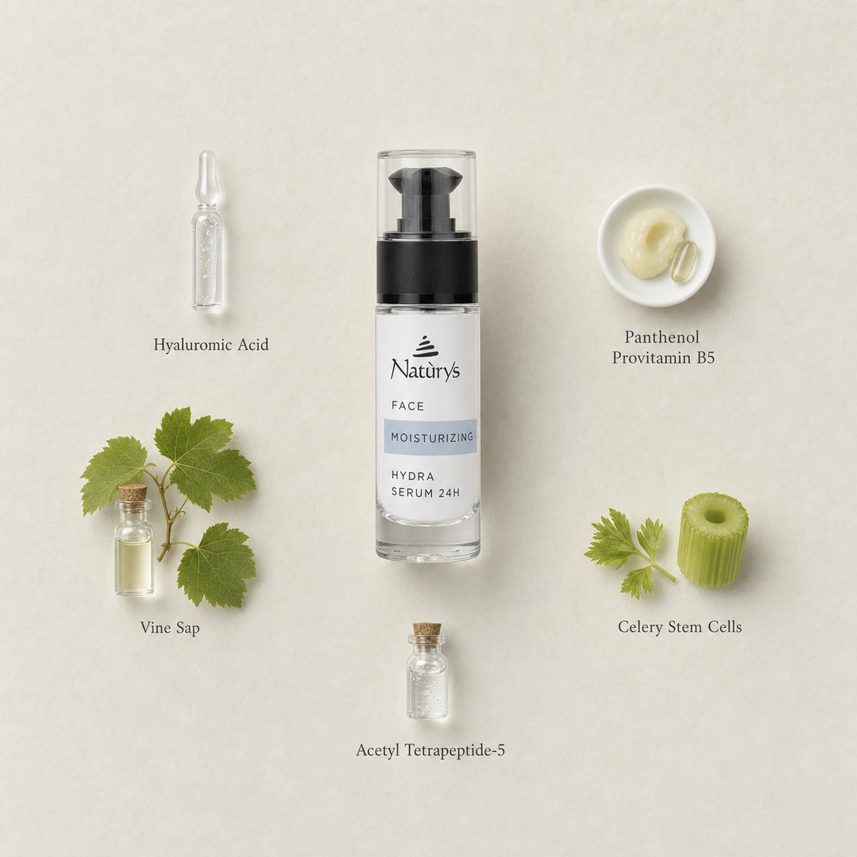 Naturys Moisturising Hydra Serum 24H 30ml surrounded by labelled key ingredients including Hyaluronic Acid, Panthenol Provitamin B5, Vine Sap, Celery Stem Cells and Acetyl Tetrapeptide-5 on a warm stone surface