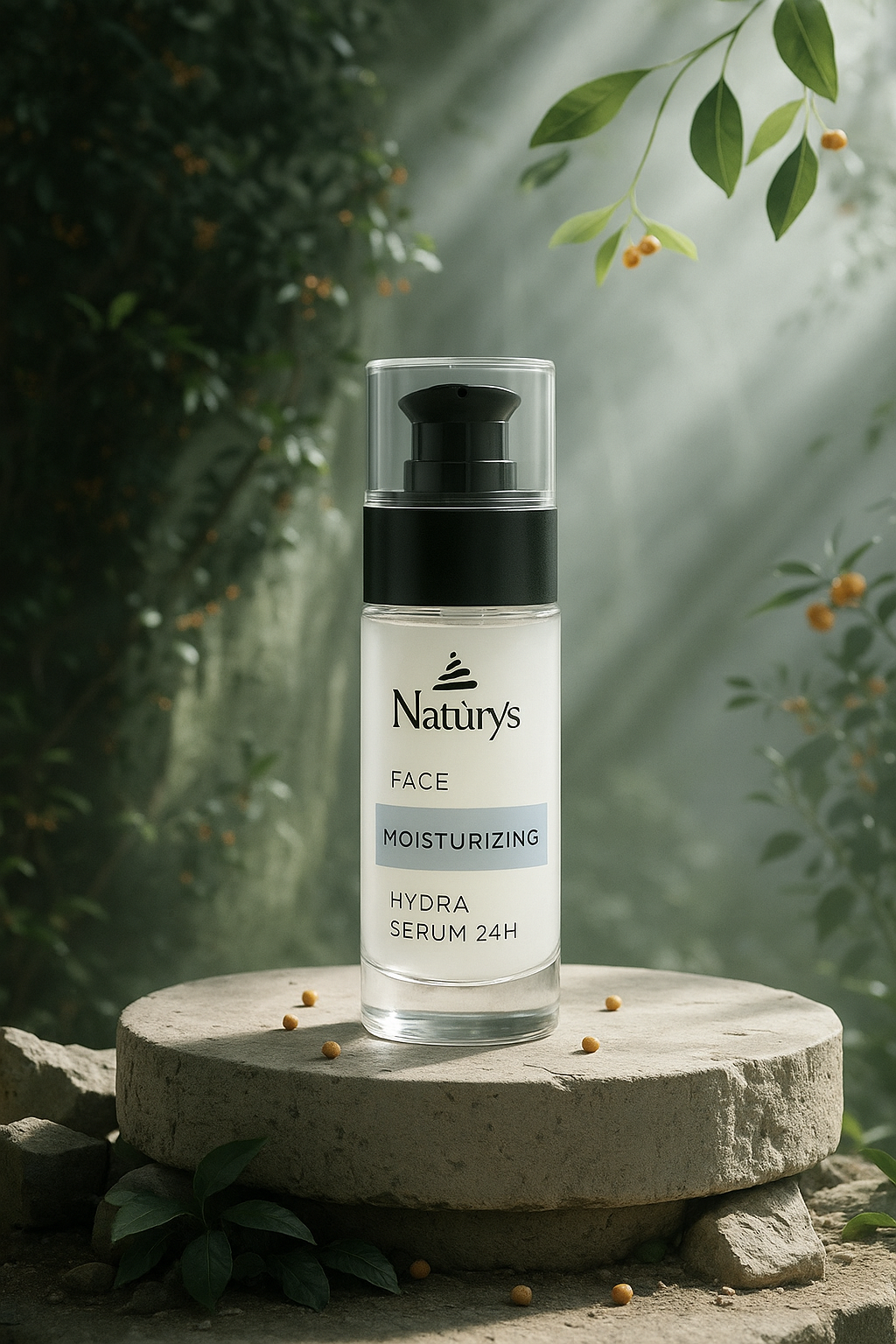 Nature's Face Moisturizing Hydra Serum 24H 30ml bottle on a stone surface with a natural background