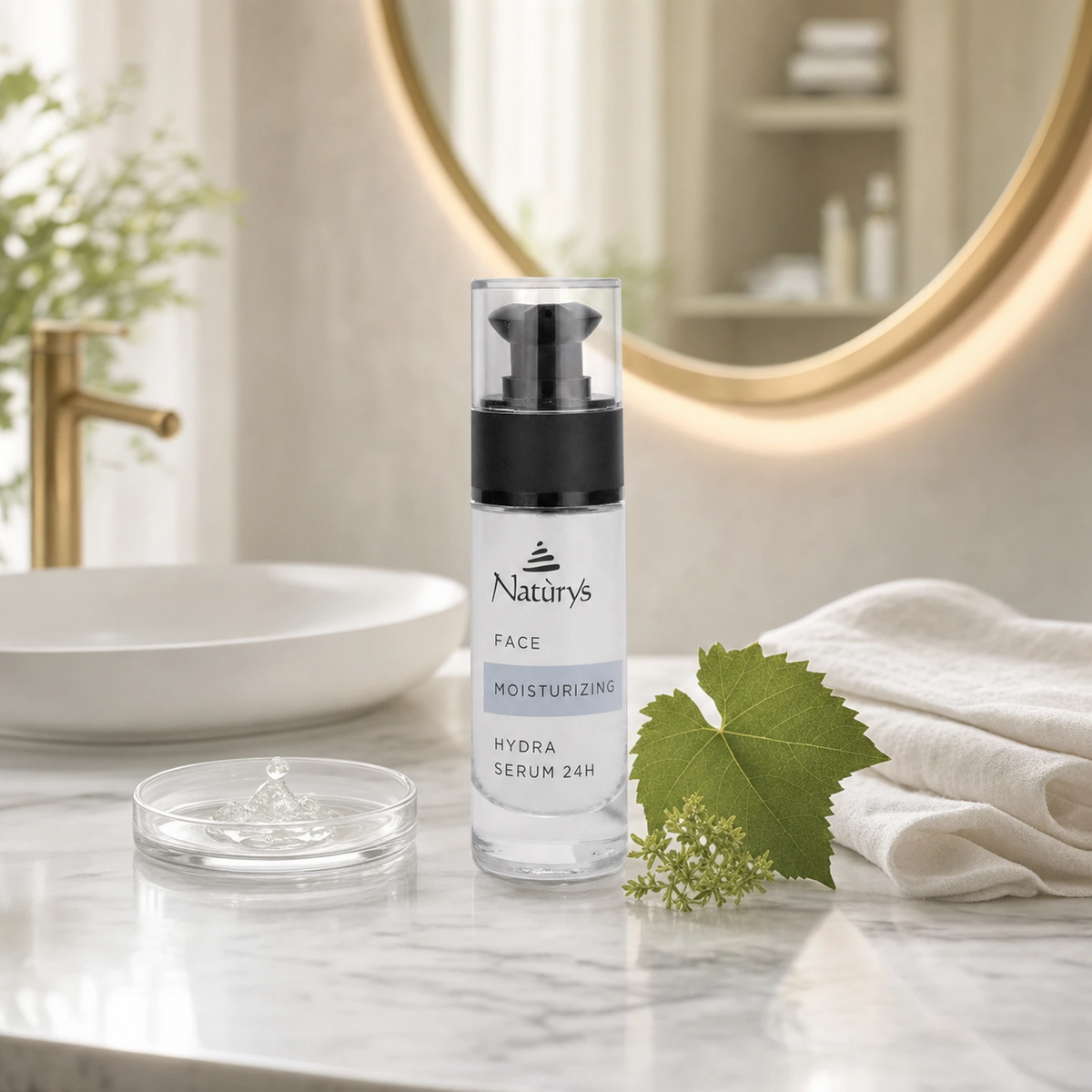 Naturys Moisturising Hydra Serum 24H 30ml clear glass pump bottle on a white marble vanity with a glass serum dish, fresh grape vine leaf, celery sprig and white linen cloth in a luxury spa bathroom setting