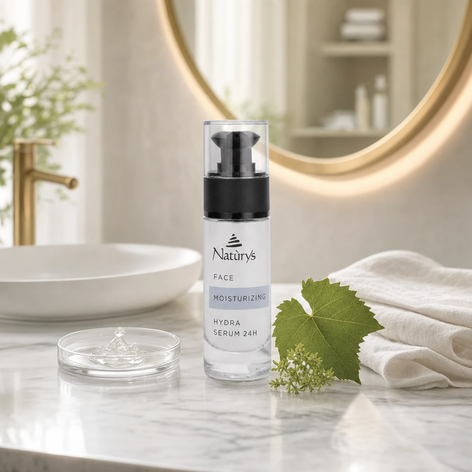 Naturys Moisturising Hydra Serum 24H 30ml clear glass pump bottle on a white marble vanity with a glass serum dish, fresh grape vine leaf, celery sprig and white linen cloth in a luxury spa bathroom setting