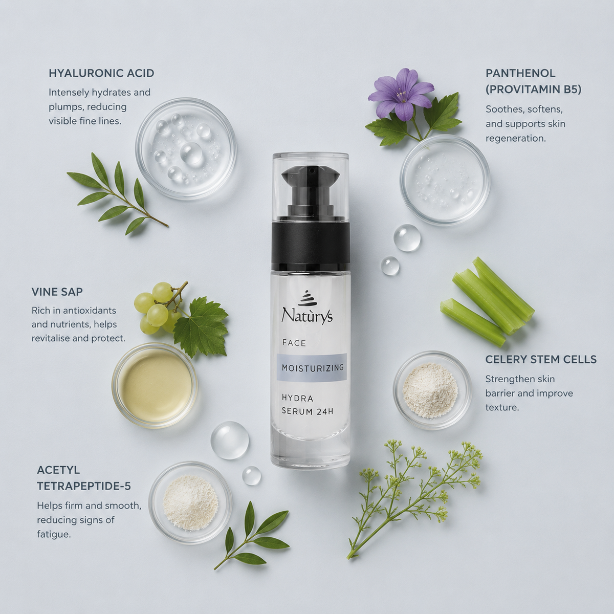 “Minimal NATURYS Moisturising Hydra Serum 24H ingredient flatlay featuring hyaluronic acid, panthenol (provitamin B5), vine sap, celery stem cells, and acetyl tetrapeptide-5 arranged elegantly around the product with refined botanical spa styling on a soft neutral background