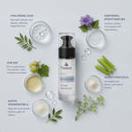 “Minimal NATURYS Moisturising Hydra Serum 24H ingredient flatlay featuring hyaluronic acid, panthenol (provitamin B5), vine sap, celery stem cells, and acetyl tetrapeptide-5 arranged elegantly around the product with refined botanical spa styling on a soft neutral background