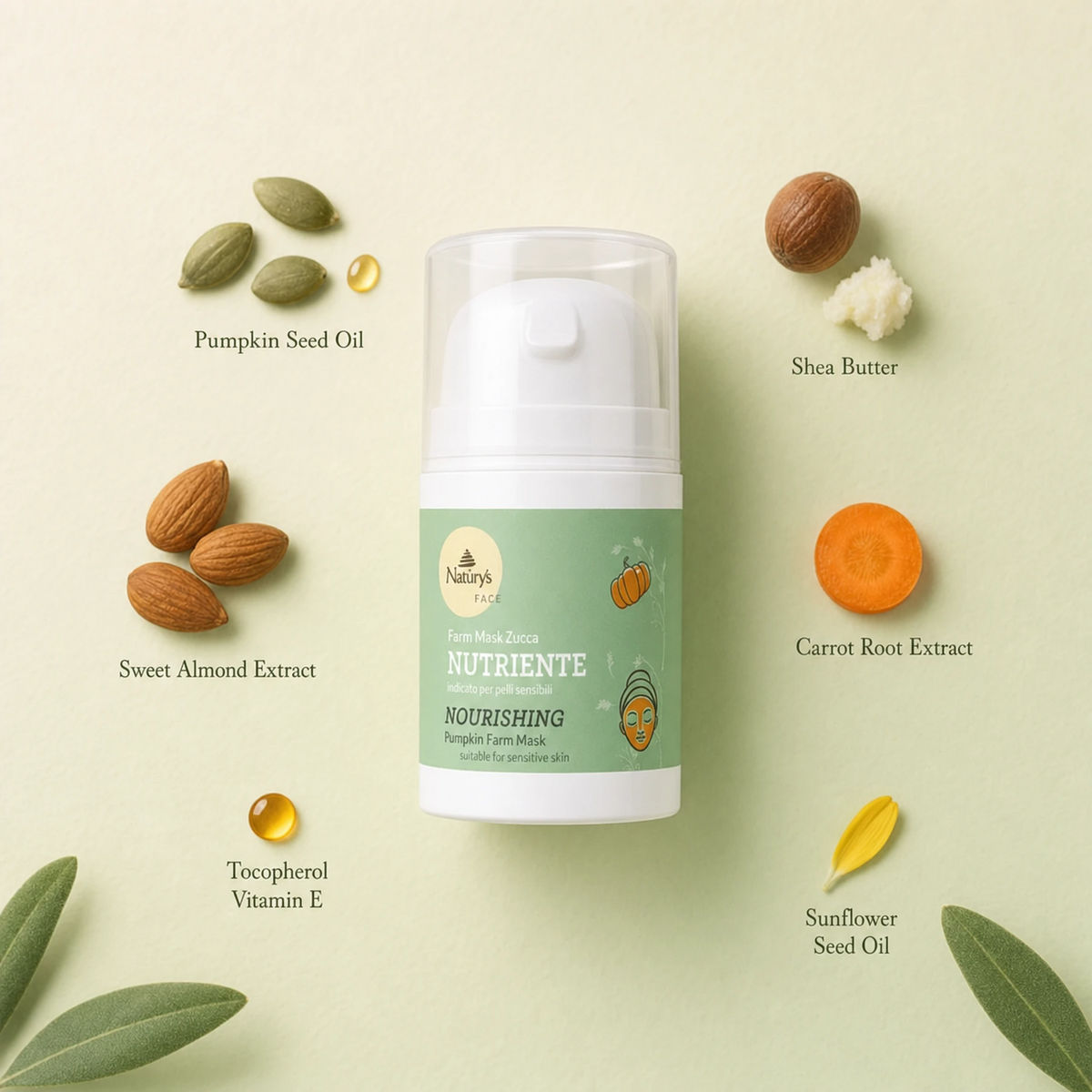 Naturys Nourishing Pumpkin Farm Mask 50ml ingredient flatlay on warm sage green surface with labelled ingredients: Pumpkin Seed Oil, Shea Butter, Sweet Almond Extract, Carrot Root Extract, Tocopherol Vitamin E, and Sunflower Seed Oil