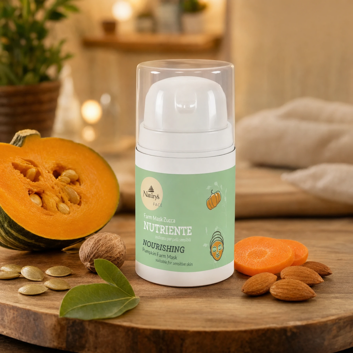Naturys Nourishing Pumpkin Farm Mask 50ml on a warm natural wooden spa surface with a halved pumpkin, pumpkin seeds, shea nut, orange carrot slices, sweet almonds, and a fresh green leaf in a warm candlelit spa treatment room