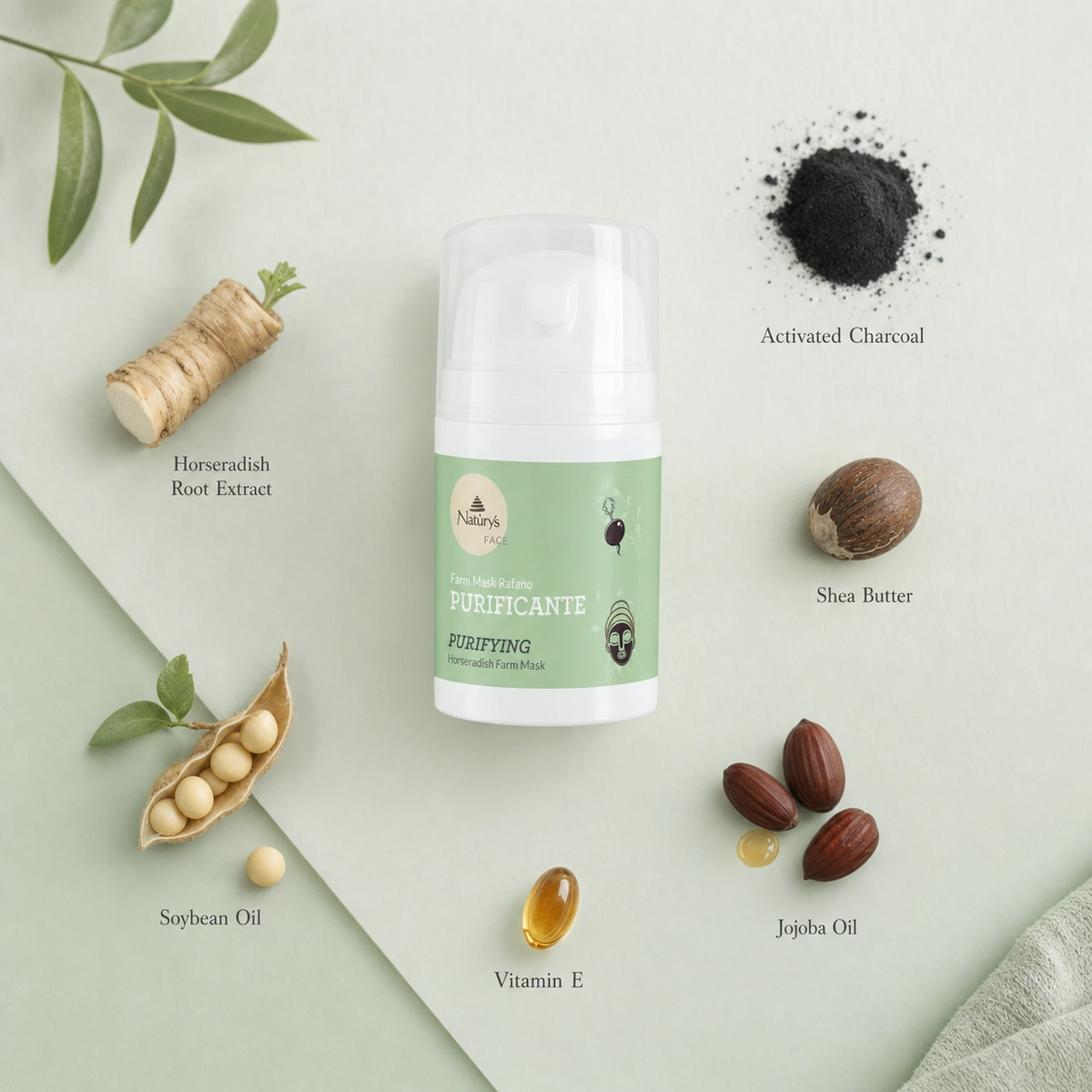 Naturys Purifying Horseradish Farm Mask 50ml ingredient flatlay on pale sage green surface with labelled ingredients: Horseradish Root Extract, Activated Charcoal, Shea Butter, Jojoba Oil, Soybean Oil, and Vitamin E