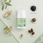 Naturys Purifying Horseradish Farm Mask 50ml ingredient flatlay on pale sage green surface with labelled ingredients: Horseradish Root Extract, Activated Charcoal, Shea Butter, Jojoba Oil, Soybean Oil, and Vitamin E