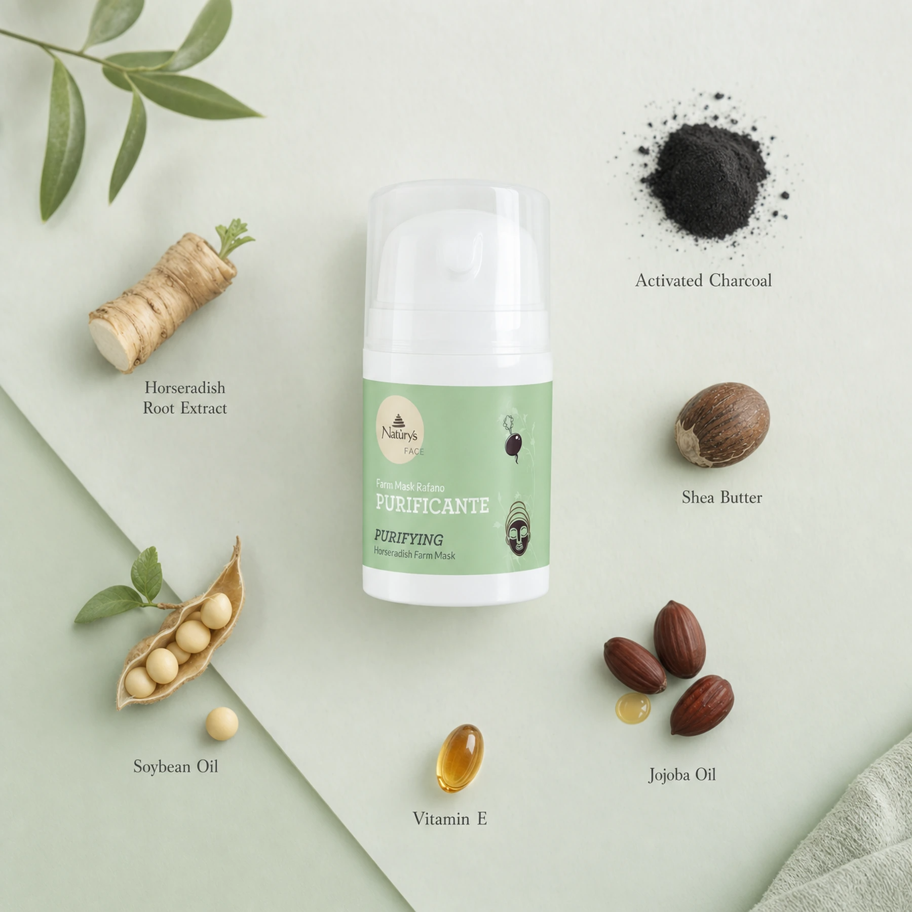 Naturys Purifying Horseradish Farm Mask 50ml ingredient flatlay on pale sage green surface with labelled ingredients: Horseradish Root Extract, Activated Charcoal, Shea Butter, Jojoba Oil, Soybean Oil, and Vitamin E