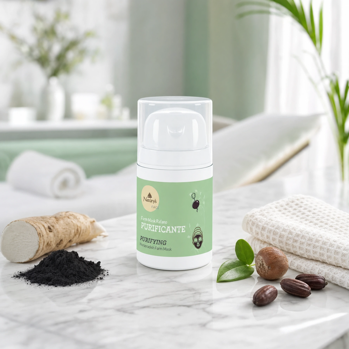 Naturys Purifying Horseradish Farm Mask 50ml on a cool white marble spa surface with a fresh horseradish root, a mound of activated charcoal powder, a shea nut, jojoba seeds, a small green leaf, and a folded white waffle spa cloth in a bright airy luxury spa treatment room