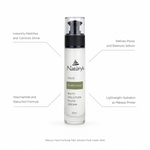 Naturys Purifying Matt Solution Fluid Cream 50ml on white background with benefit callouts: Instantly Mattifies and Controls Shine, Refines Pores and Balances Sebum, Niacinamide and Bakuchiol Formula, Lightweight Hydration as Makeup Primer